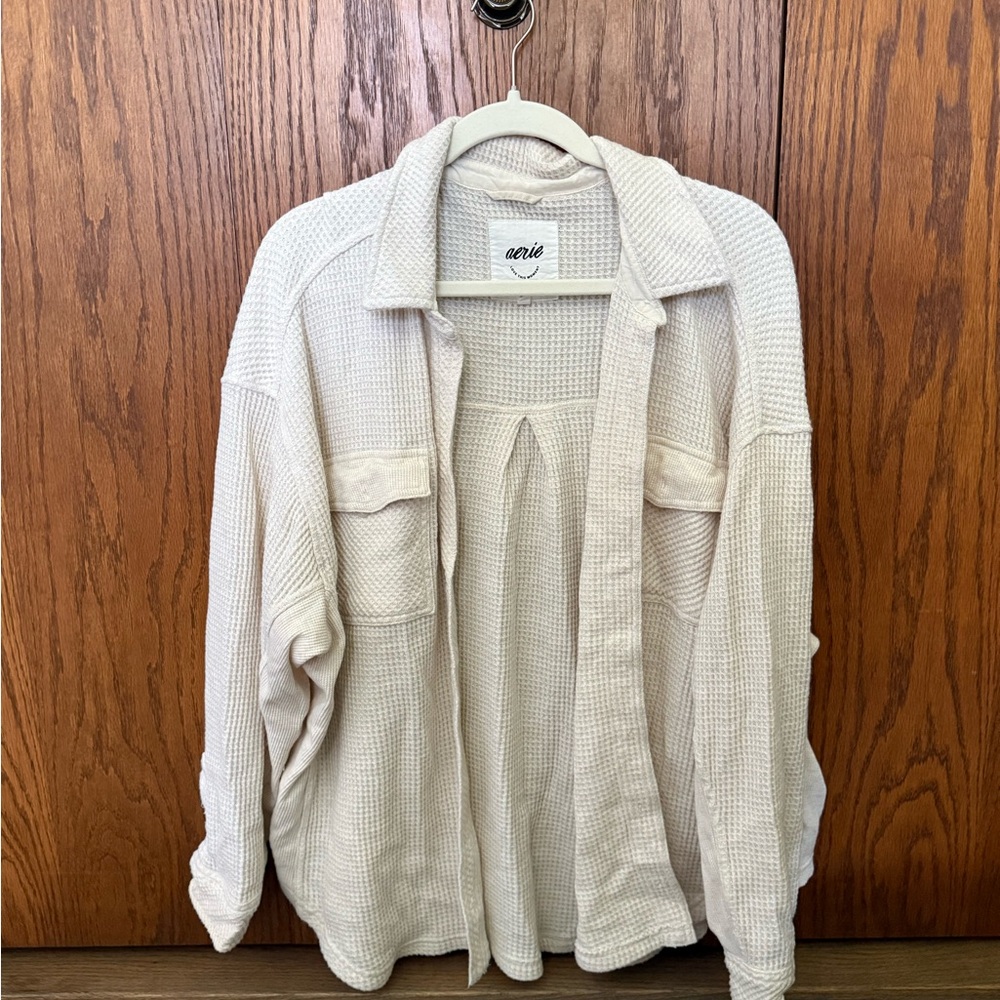 aerie Soft Cream Waffle Knit Button-Up Shacket
